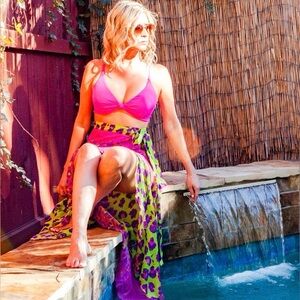 Robin Piccone Pink top Navy bottom  Bikini with Pink and Green Sarong